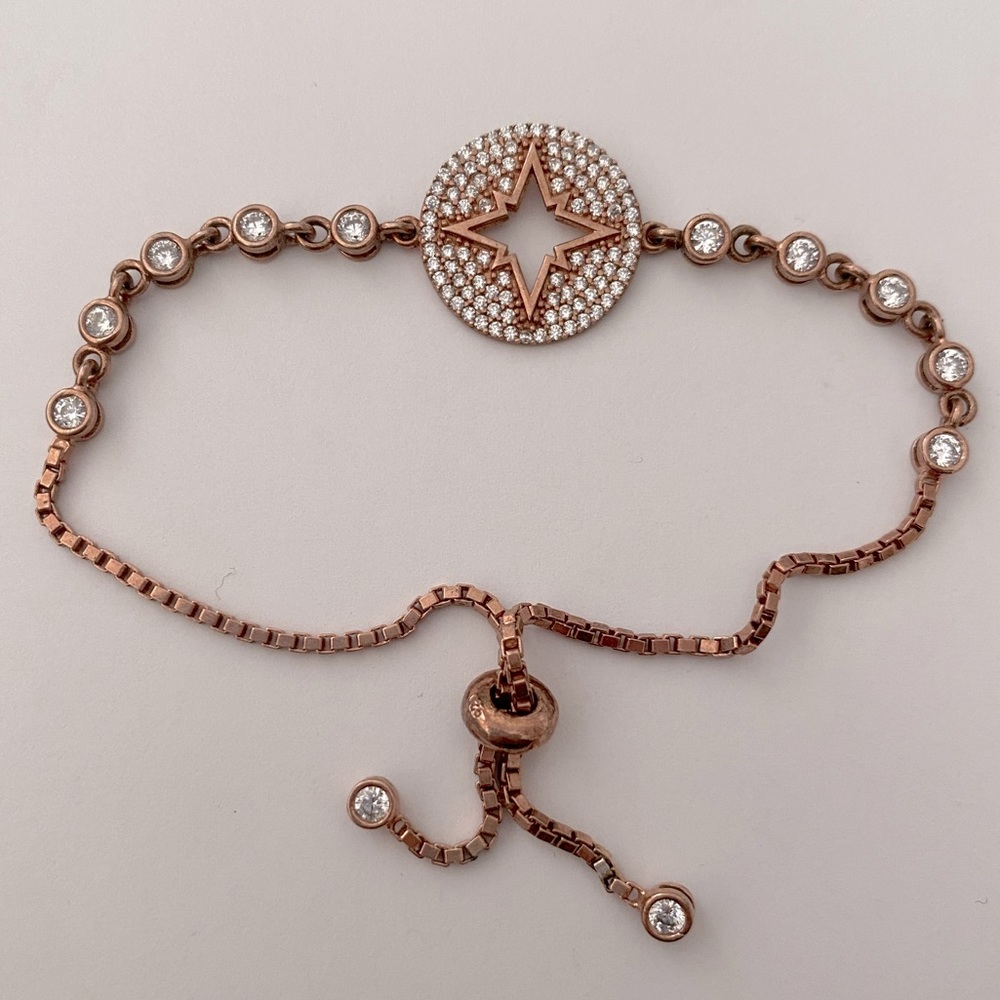 925 Silver slider bracelet compass star cz stones bolo lock 14k rose gold plated
